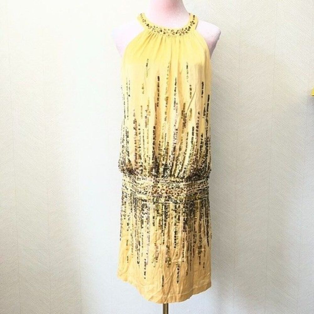 Y2k VTG Sue Wong Nocturne Halter Neck Gold Sequin Beaded Cocktail Dress Womens
